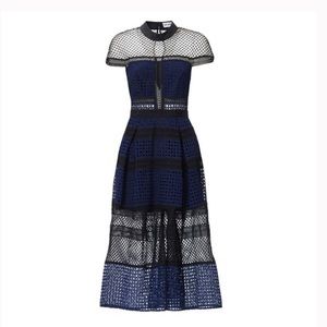 SELF-PORTRAIT Navy Crosshatch Guipure Lace Midi